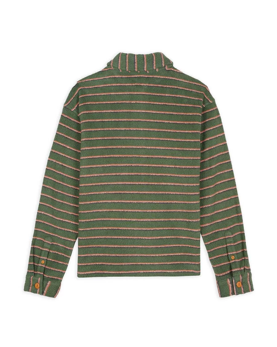 Brain Dead Green & Multi-Color Striped Micro Sherpa Overshirt Fleece Jacket