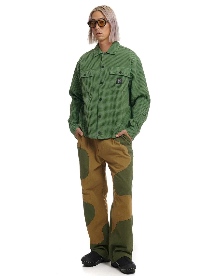 Brain Dead Men's Waffle-Knit Button-Up Shirt in Moss Green | Fall Casual Wear