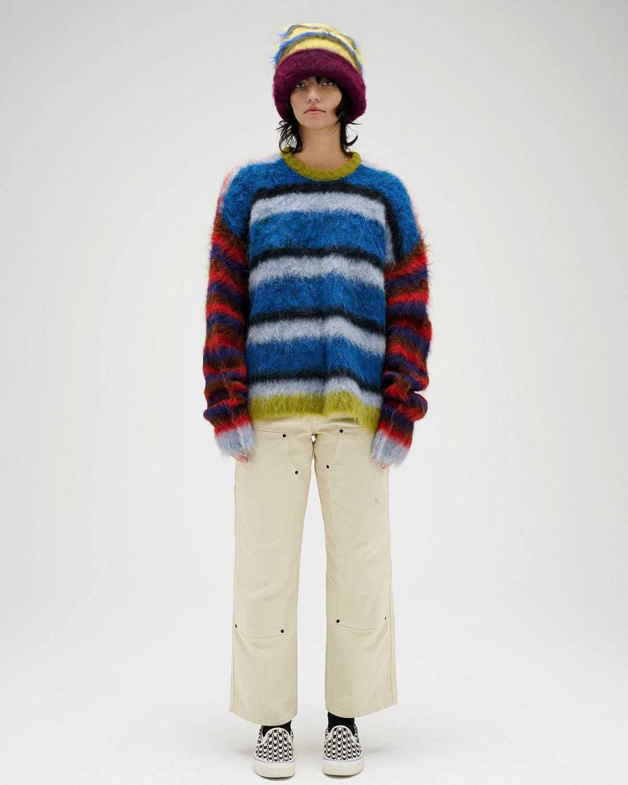 Brain Dead Blurry Lines Graphic Alpaca Wool Crewneck Sweater - Multi Color Design