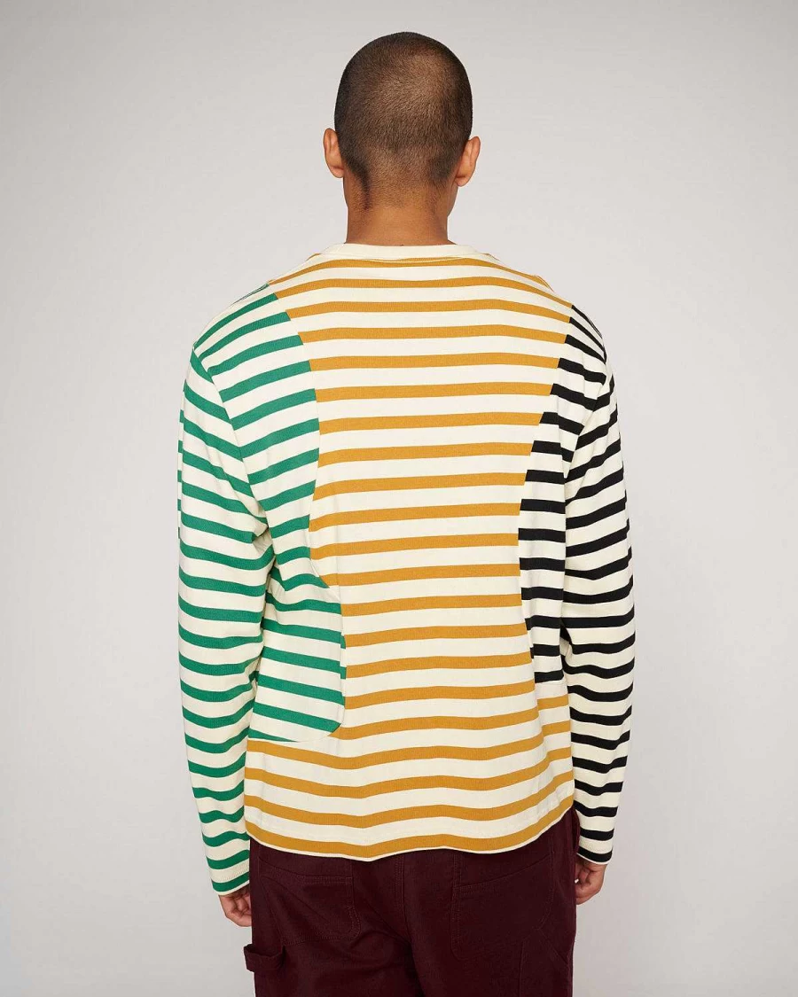 Brain Dead Organic Cotton Striped Panelled Long Sleeve T-Shirt - Cream & Multi-Color