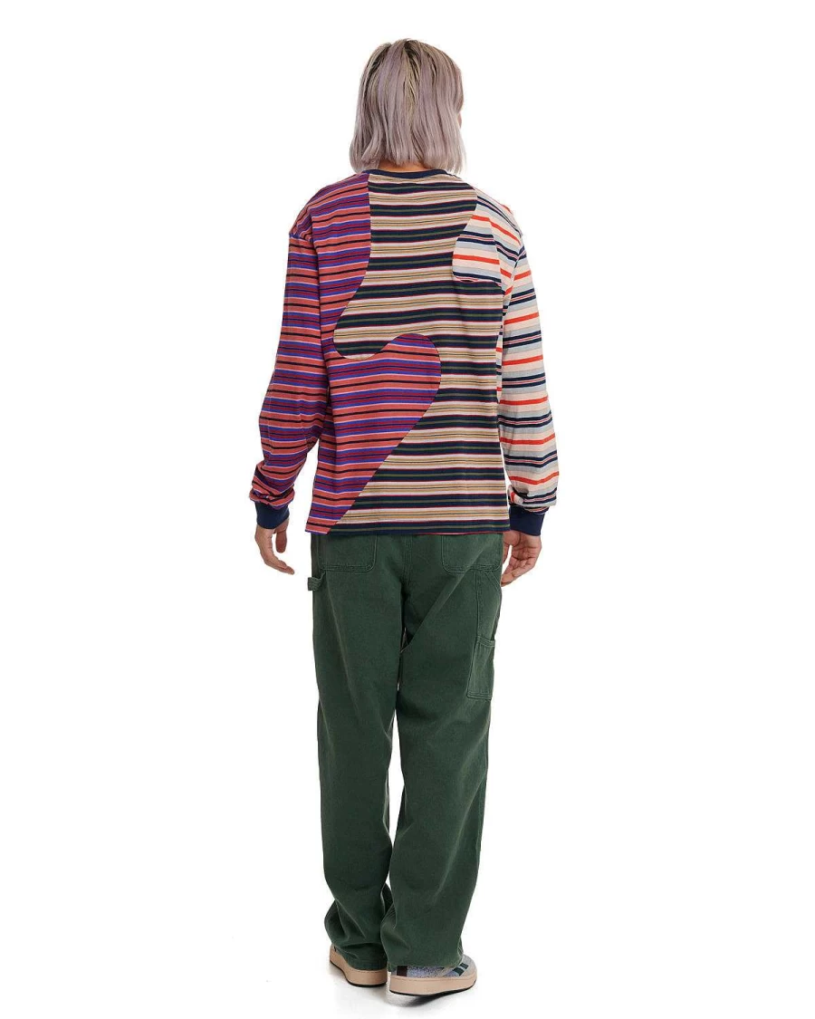Brain Dead Navy Multi Striped Long Sleeve Shirt - 92% Organic Cotton Paneled Design