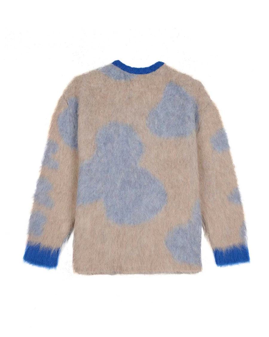 Brain Dead Boxy Knit Cow Print Sweater - Taupe/Blue Striped Pullover