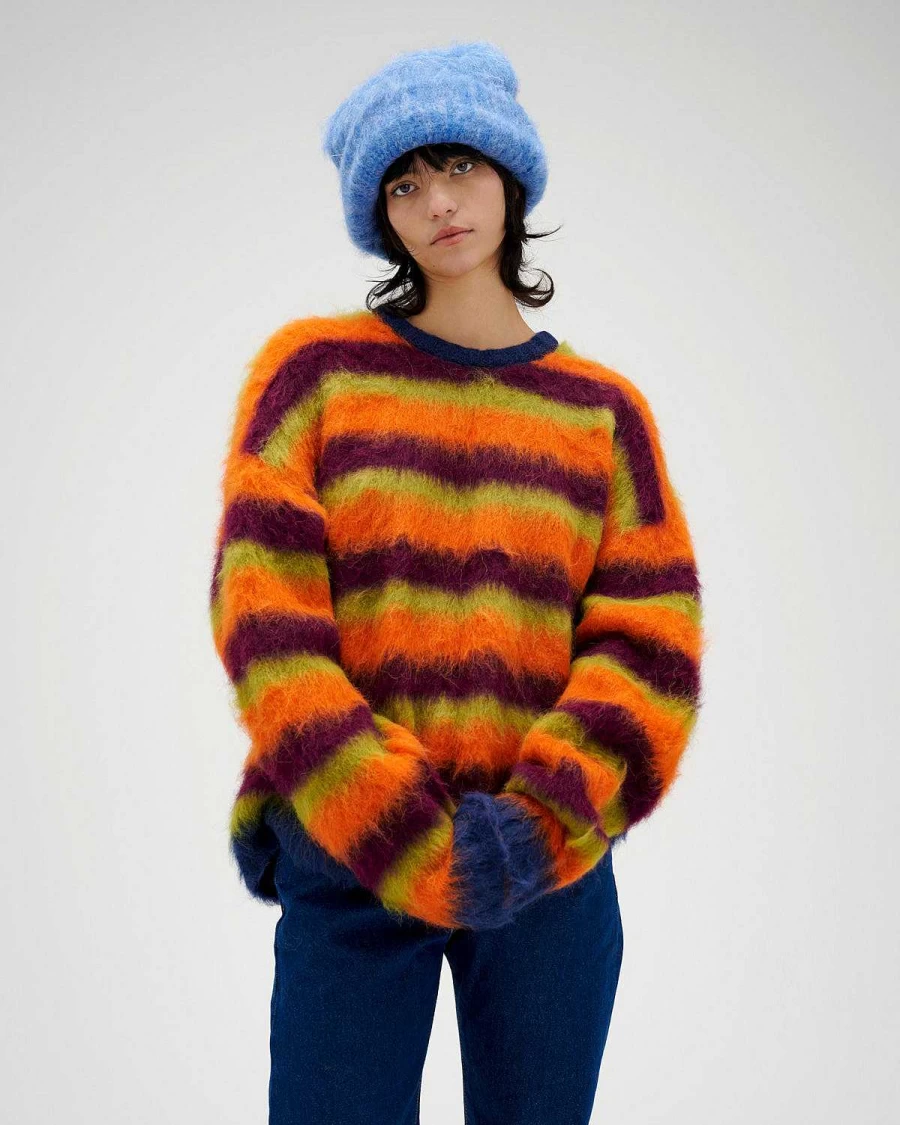 Brain Dead Alpaca Crewneck Sweater - Yellow Multi Color Block Striped Design