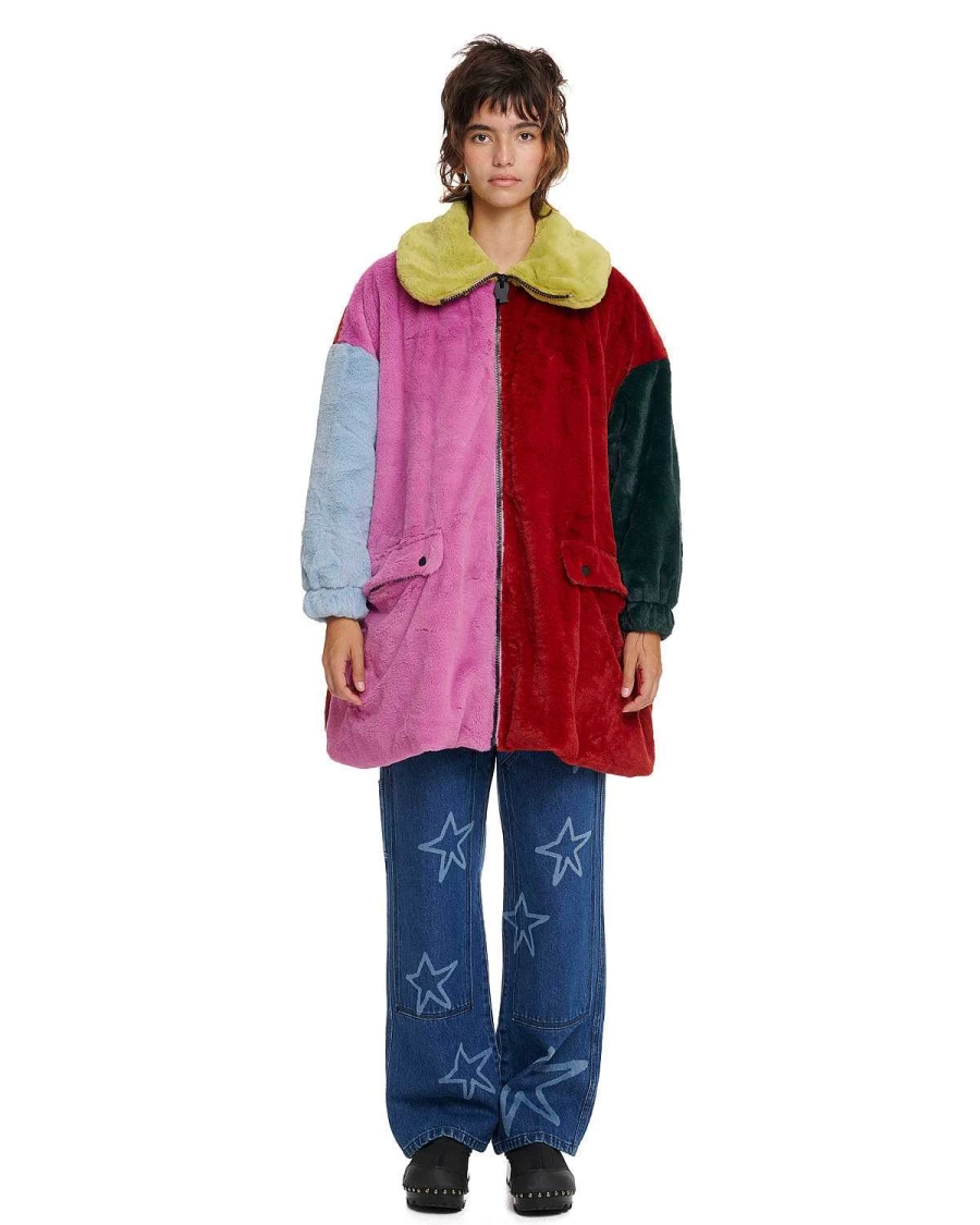 Brain Dead Colorblock Peter Pan Collar Faux Fur Jacket - Multi-Color