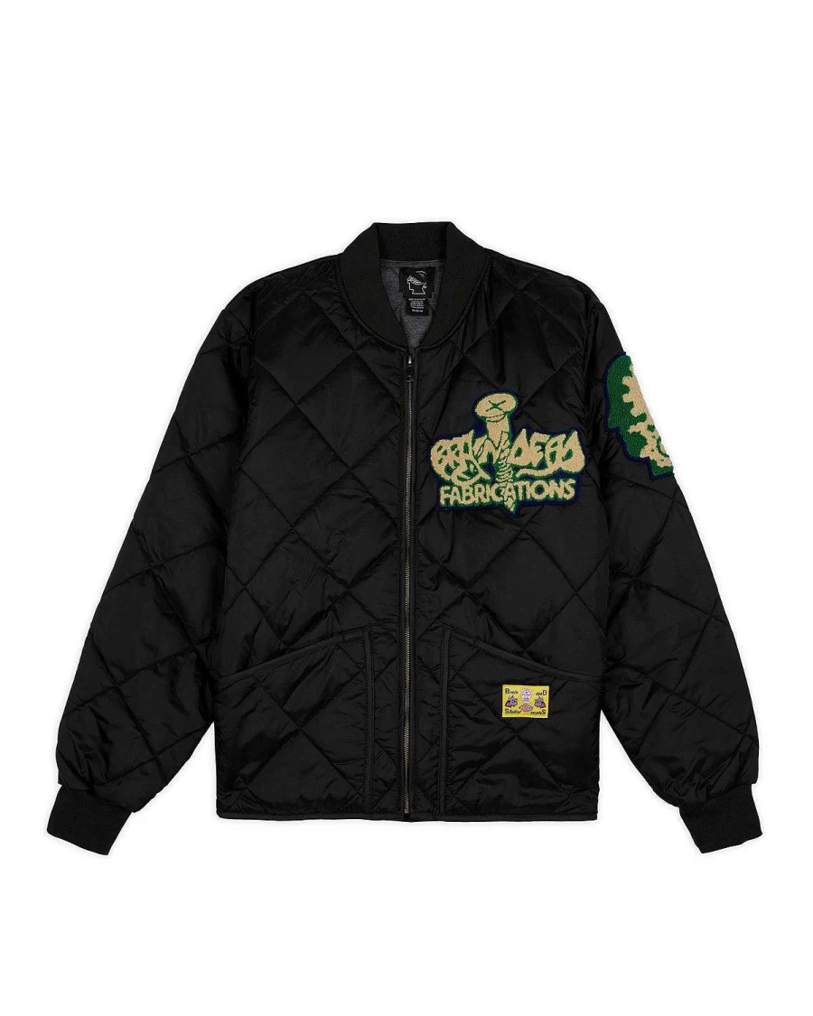 Brain Dead Black Quilted Bomber Jacket with Chenille Patch | Heavyweight Streetwear Coats for Men & Women