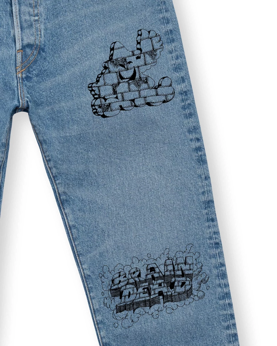 Brain Dead Medium Wash Straight Leg Denim Jeans - Printed Workwear Design