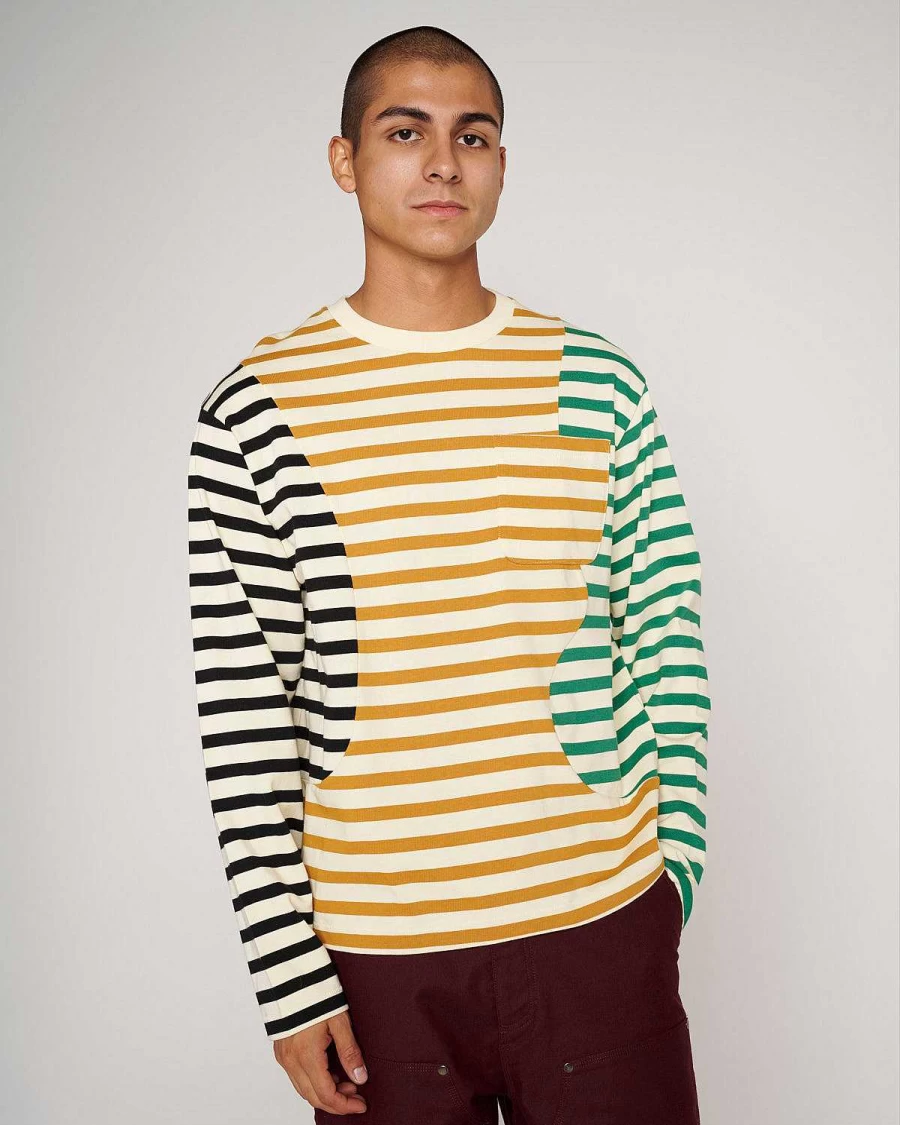 Brain Dead Organic Cotton Striped Panelled Long Sleeve T-Shirt - Cream & Multi-Color
