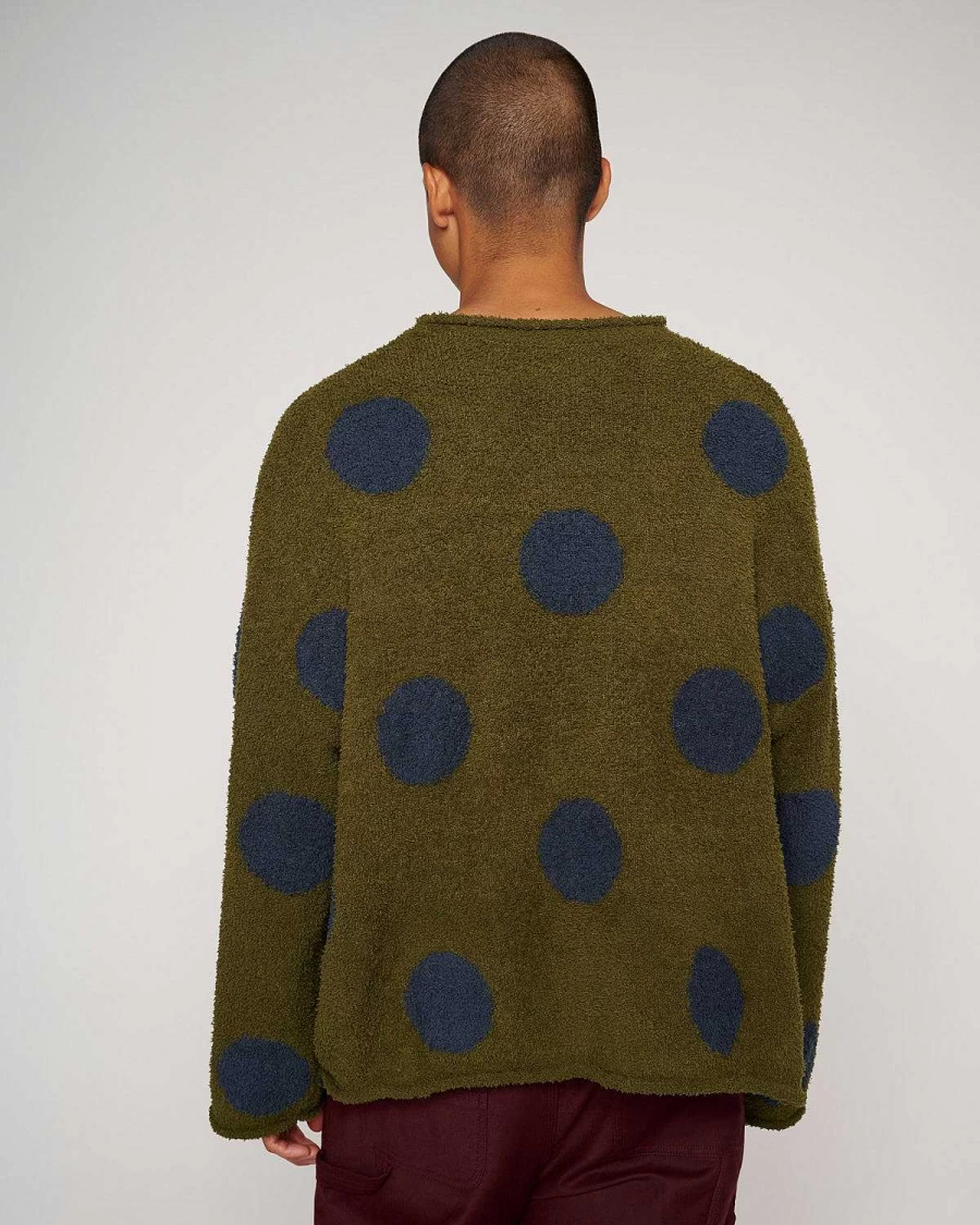 Brain Dead Olive Knit Sweater with Teddy Fur & Dot Design