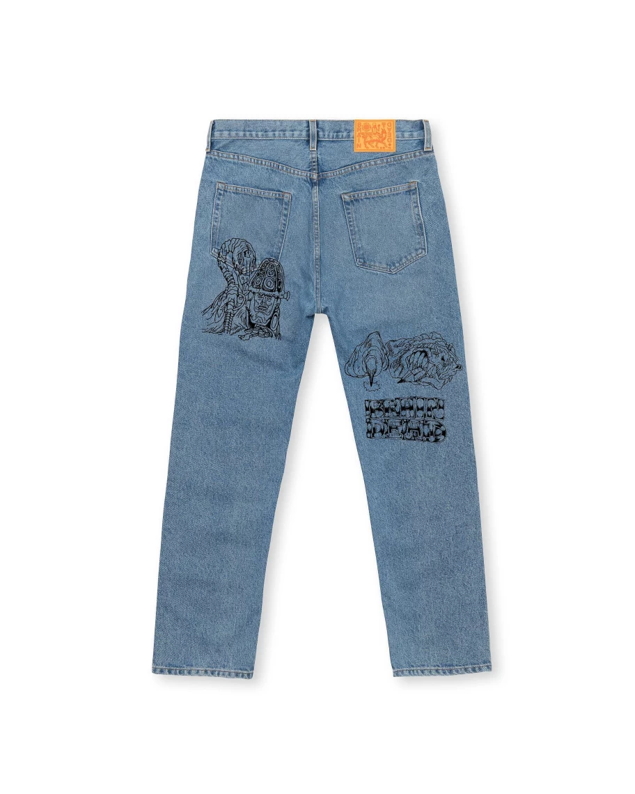 Brain Dead Medium Wash Straight Leg Denim Jeans - Printed Workwear Design