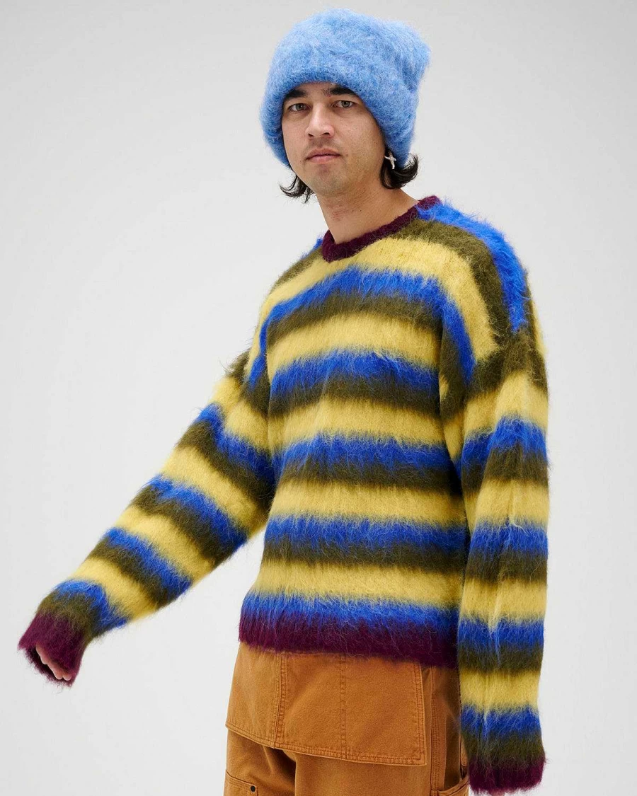 Brain Dead Blurry Lines Alpaca Crewneck Sweater - Yellow Multi Color Design
