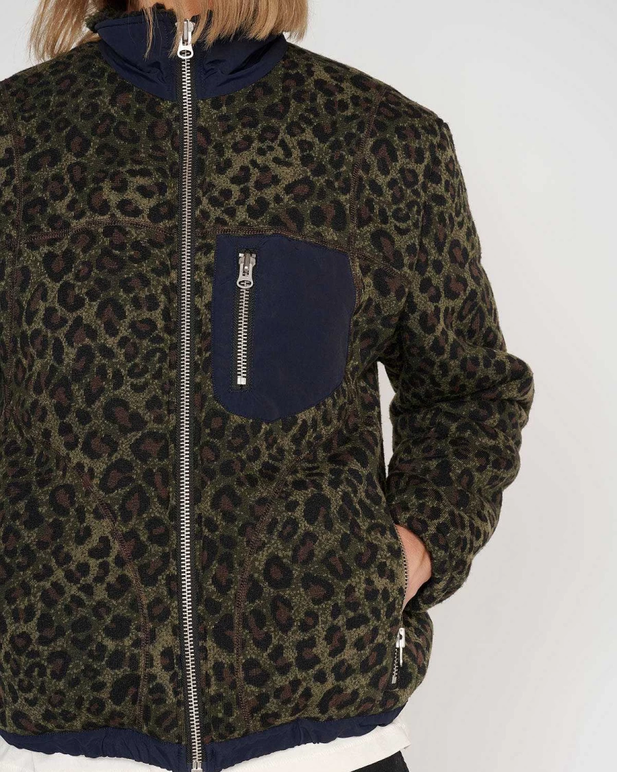 Brain Dead Olive Leopard Print Reversible Sherpa Fleece Jacket
