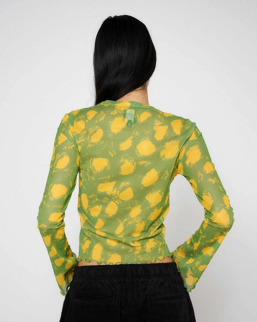 Brain Dead Lime Hyper Mesh Dot Bell Sleeve Casual Top