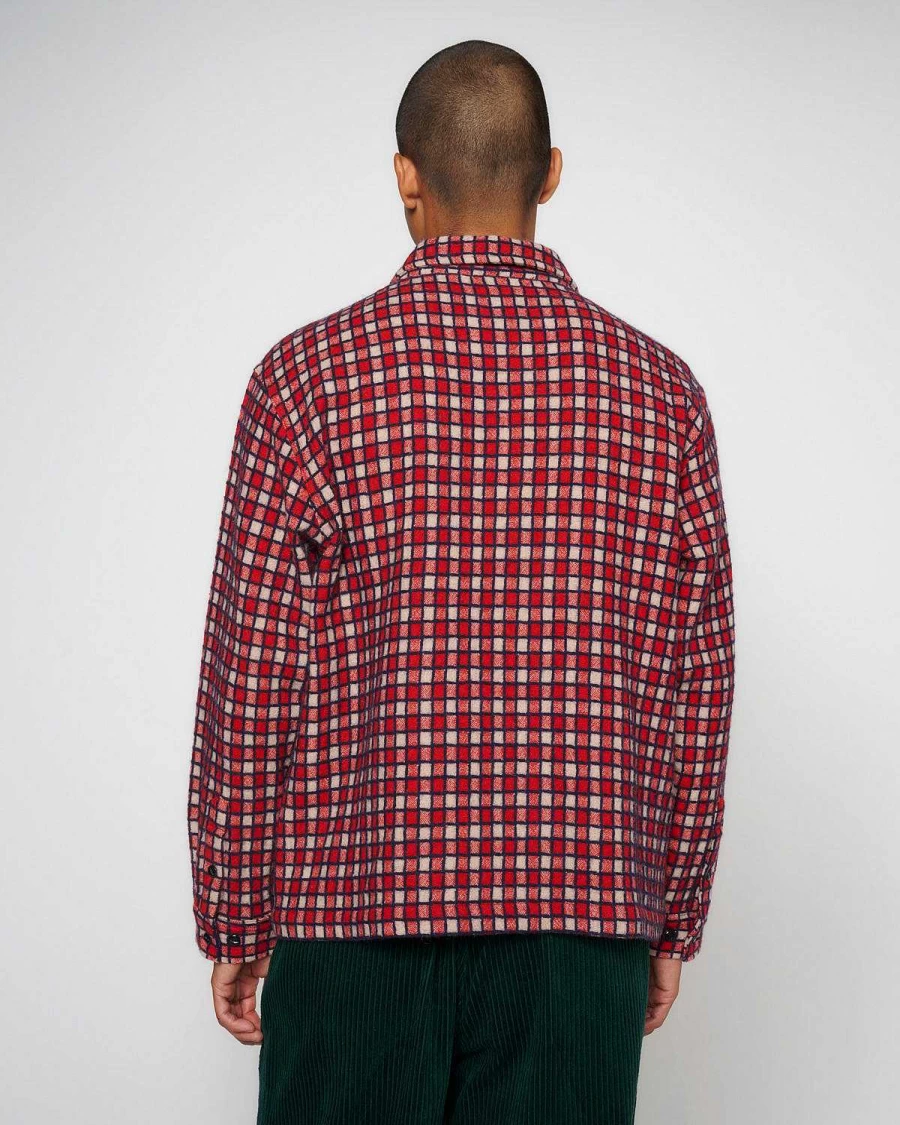 Brain Dead Red Checkered Flannel Zip-Up Shirt for Men | Plaid Streetwear Top