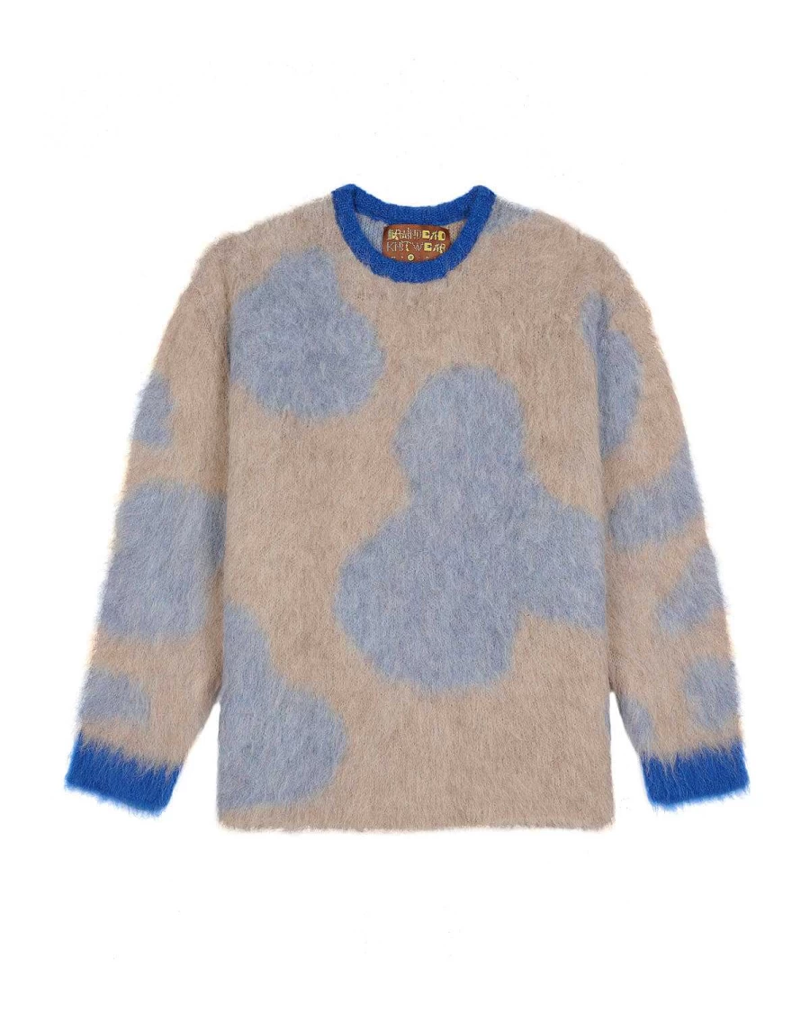 Brain Dead Boxy Knit Cow Print Sweater - Taupe/Blue Striped Pullover