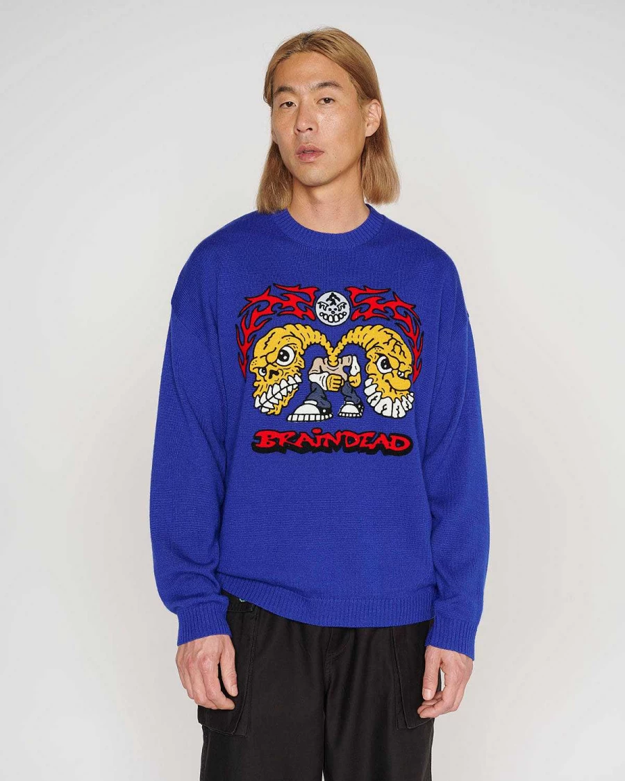 Brain Dead Navy Bonecrusher Sweater | Heavyweight Crewneck Pullover for Men