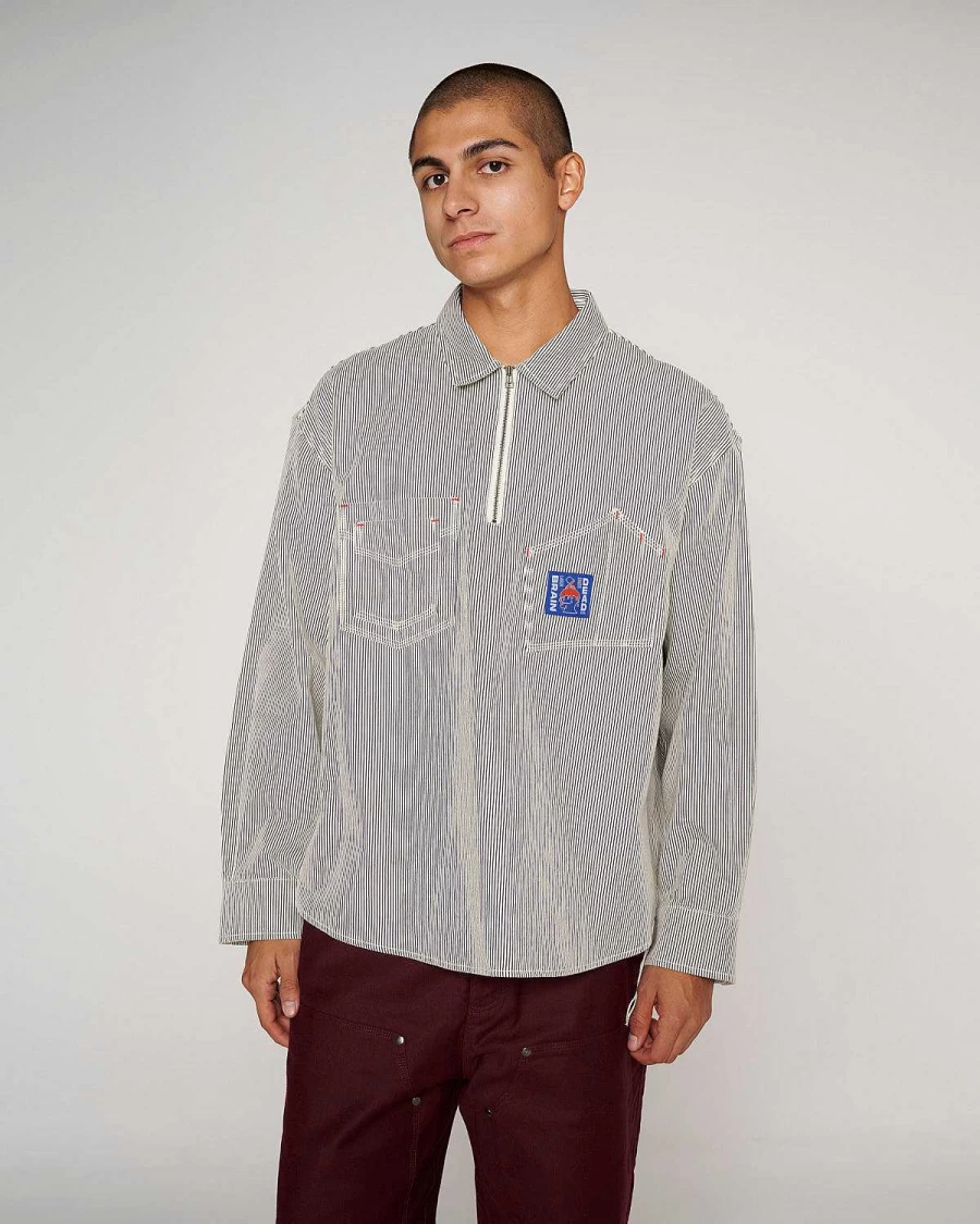 Brain Dead Men's Hickory Stripe Railroad Work Shirt - Casual Button-Up