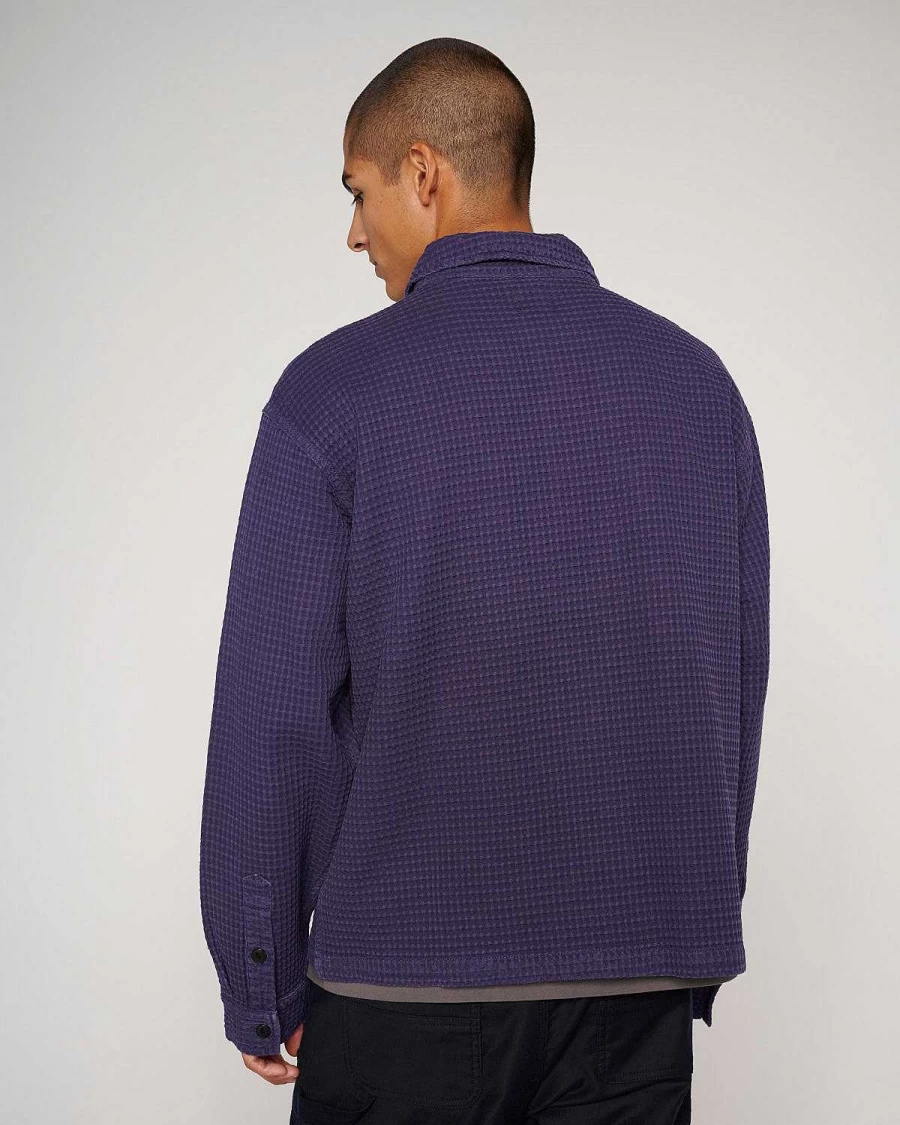 Brain Dead Men's Navy Waffle Button-Up Shirt | Casual Long Sleeve Crewneck Top