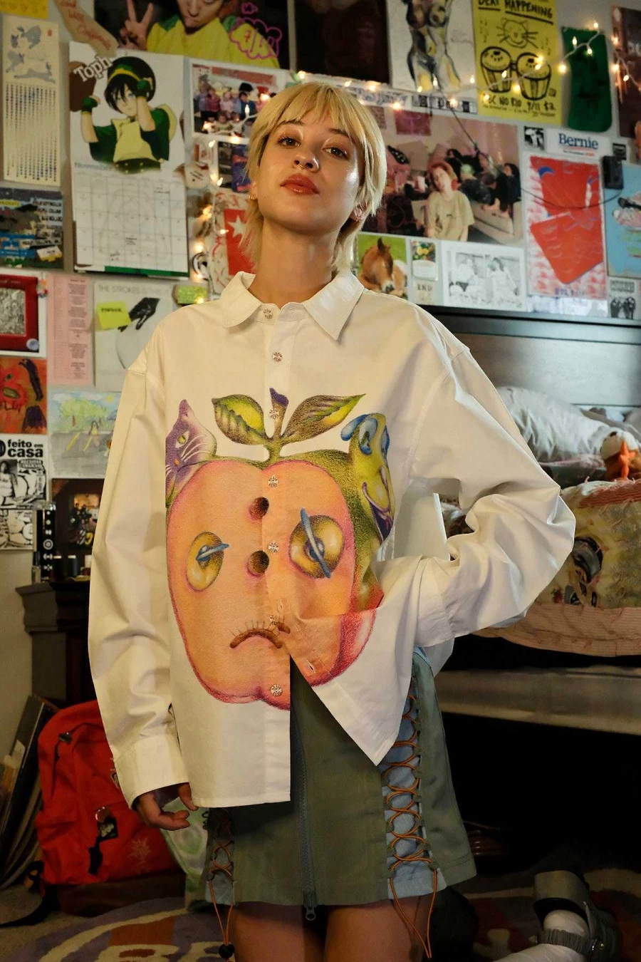 Brain Dead Bad Apple White Long Sleeve Button-Up Shirt