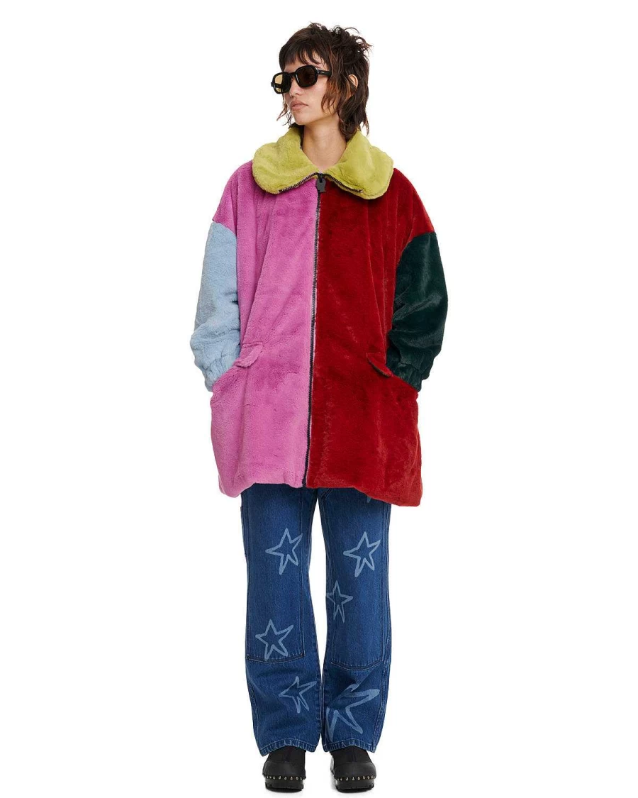 Brain Dead Colorblock Peter Pan Collar Faux Fur Jacket - Multi-Color