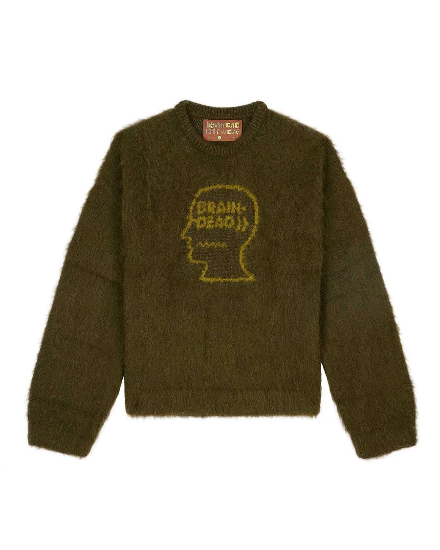 Brain Dead Graphic Logo Cable Knit Sweater - Olive